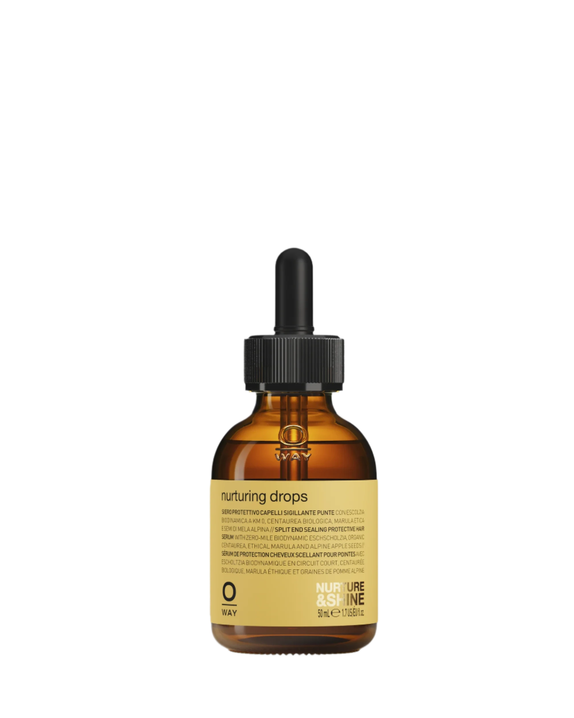 Oway Nurturing Drops is a silkening serum for split ends and heat protection, in an amber glass dropper bottle with a black cap and yellow label from Oway.