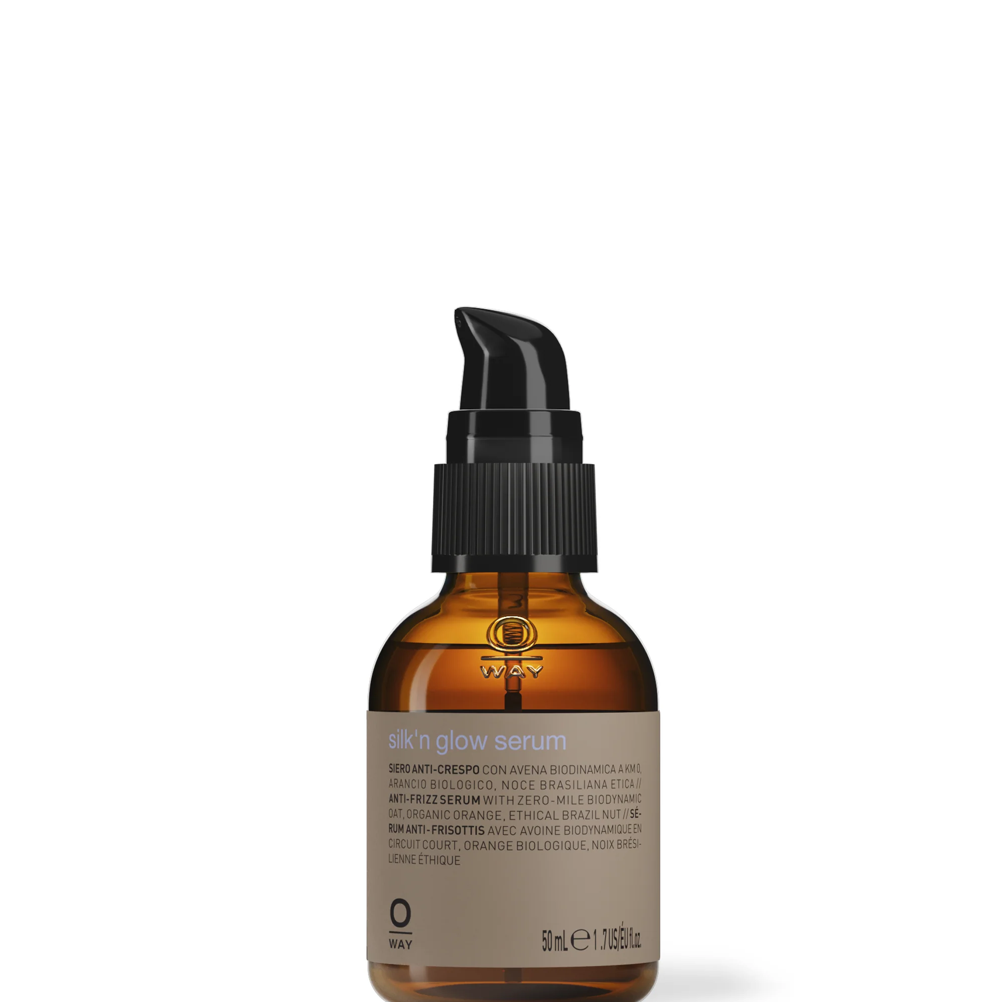 A 50 ml brown glass bottle of Oway Silk’N Glow Serum Anti-Frizz Shine Serum for Dry, Frizzy Hair with a black pump dispenser, enriched with Brazil nut oil, is displayed against a white background.