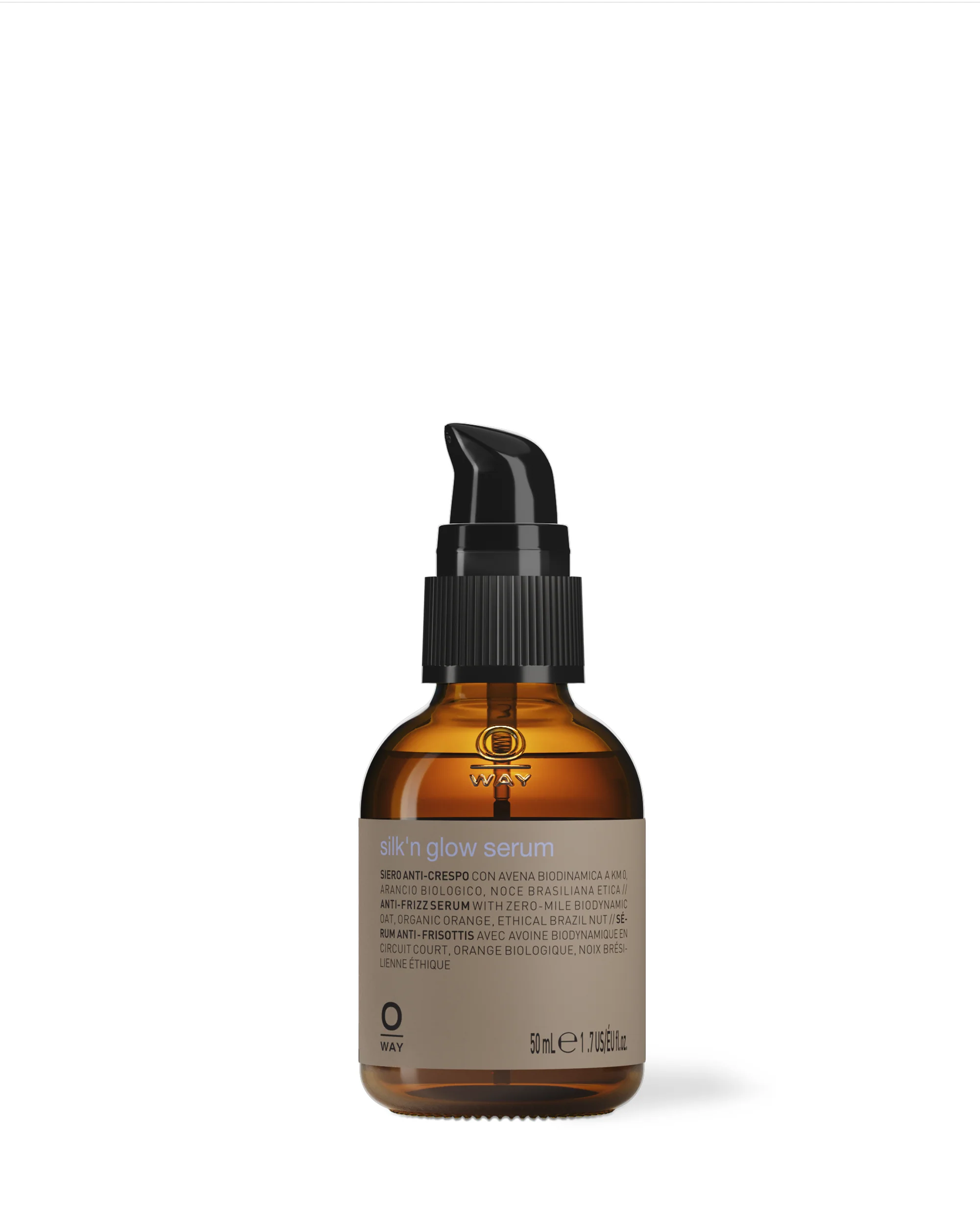 A 50 ml brown glass bottle of Oway Silk’N Glow Serum Anti-Frizz Shine Serum for Dry, Frizzy Hair with a black pump dispenser, enriched with Brazil nut oil, is displayed against a white background.
