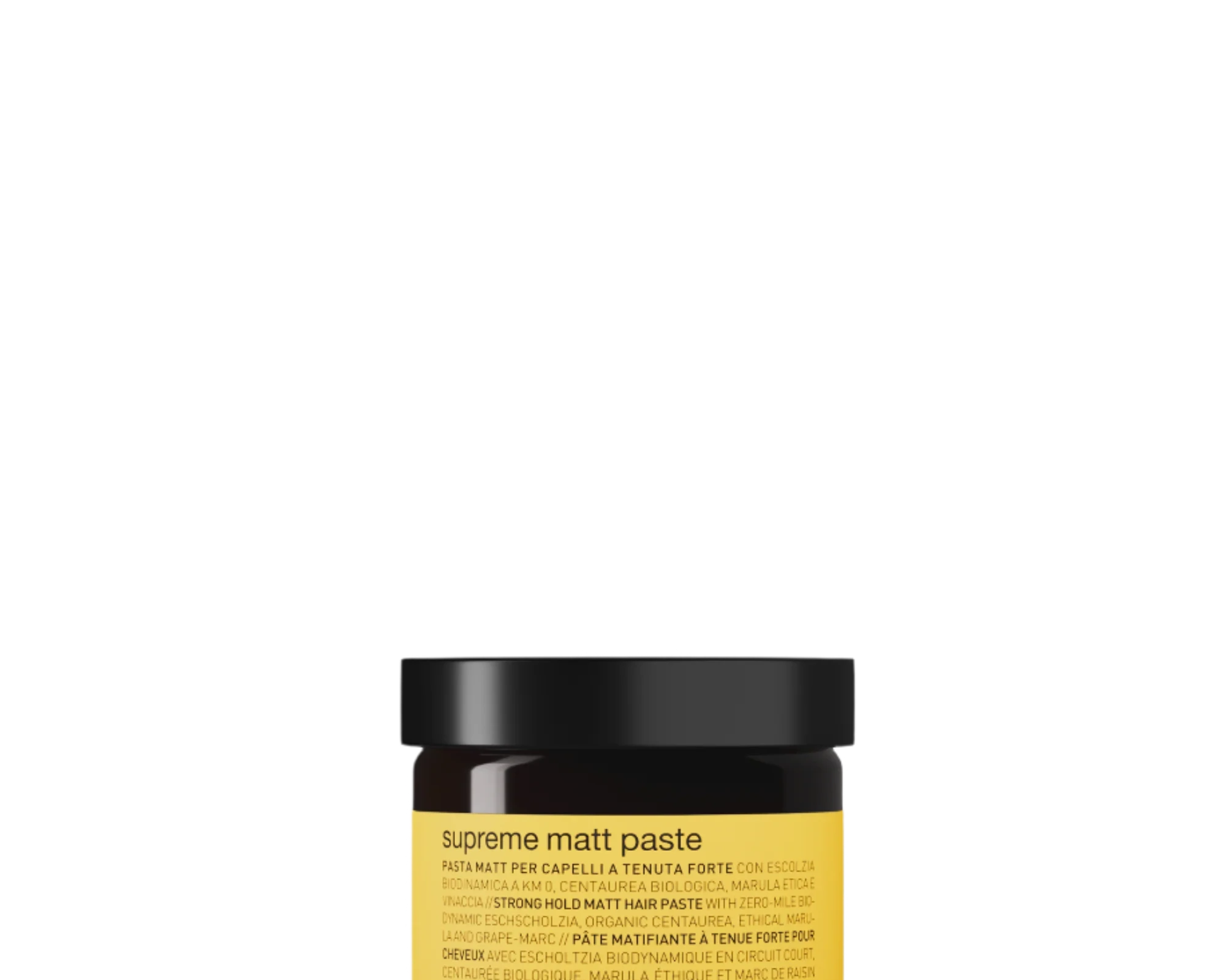 A black plastic jar labeled "Oway Supreme Matte Paste | Strong Hold Styling Paste with Matte Finish" features yellow and black text against a black background, providing a strong hold and lasting matte finish by Oway.