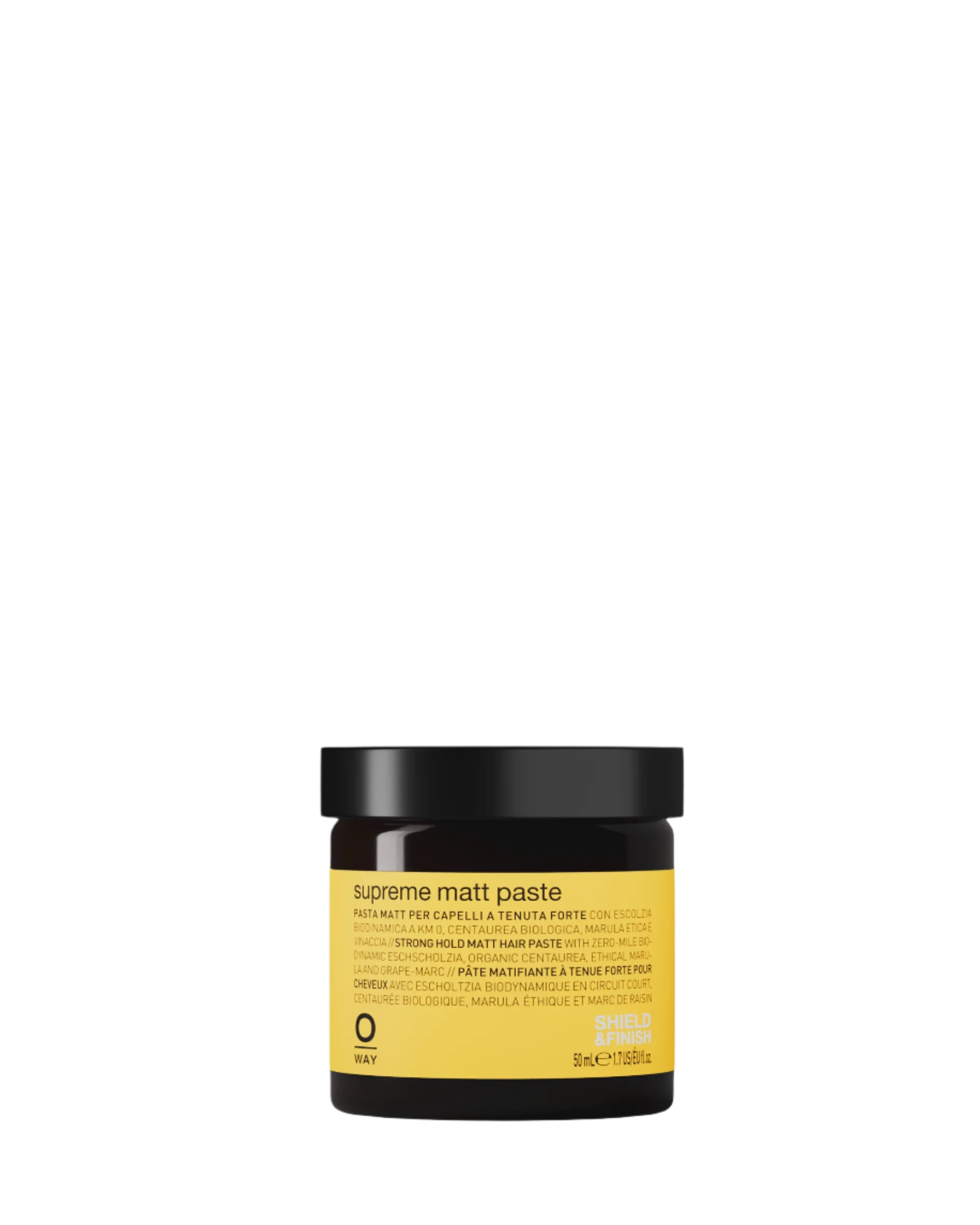 A black plastic jar labeled "Oway Supreme Matte Paste | Strong Hold Styling Paste with Matte Finish" features yellow and black text against a black background, providing a strong hold and lasting matte finish by Oway.