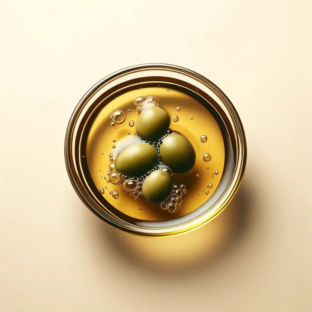 A glass bowl of Oway Moisturizing Hair Mask for dry hair, resembling golden olive oil with four green olives and bubbles, is set against a light beige background.