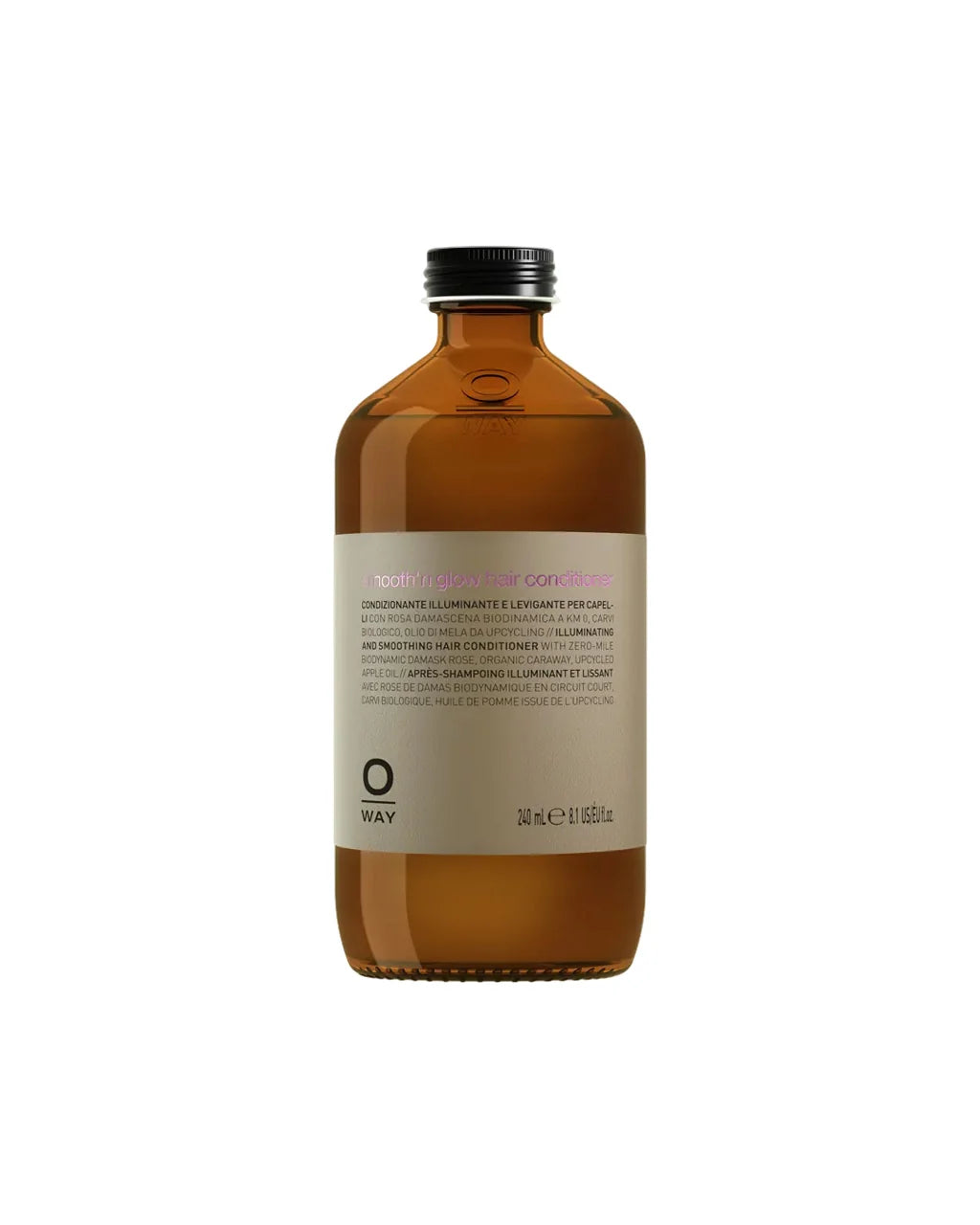 Brown bottle with a black cap on a white background of Oway Smooth' Glow Hair Conditioner