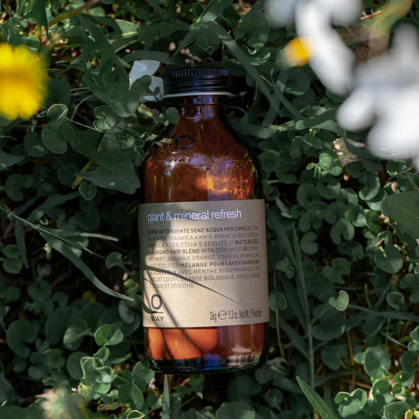 A brown Oway Plant & Mineral Refresh bottle rests on green leaves, dappled in sunlight—a purifying dry shampoo powder for all hair types by Oway.
