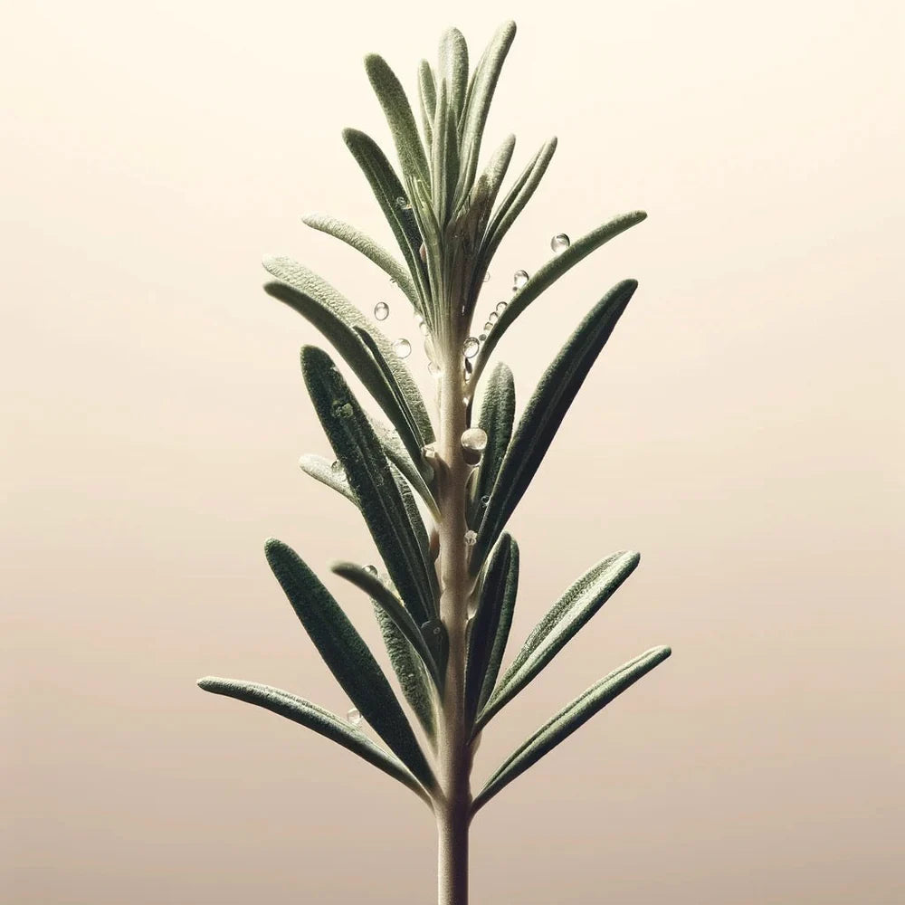 A close-up of a rosemary sprig with dew on its leaves—an ingredient featured in Oway's Purifying Hair Bath for Oily Scalp—set against a plain, light beige background.