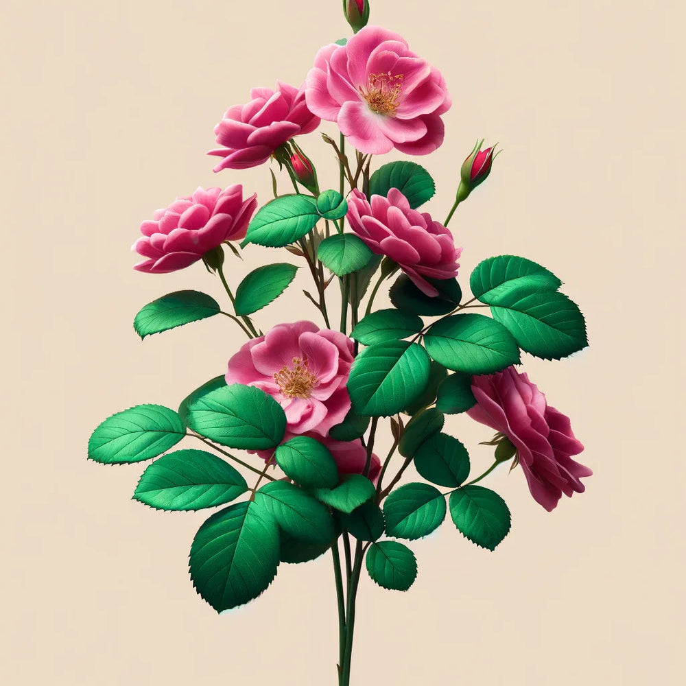 A single stem with pink roses and green leaves, evoking the softness of Oway Smoothing Conditioner, is set against a plain beige background.