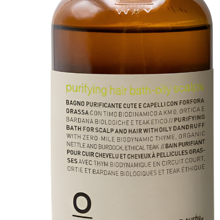 A 240 ml brown glass bottle of Oway Purifying Hair Bath for Oily Scalp, featuring multilingual front labeling. An organic shampoo by Oway, ideal for gently clarifying and balancing oily scalps.