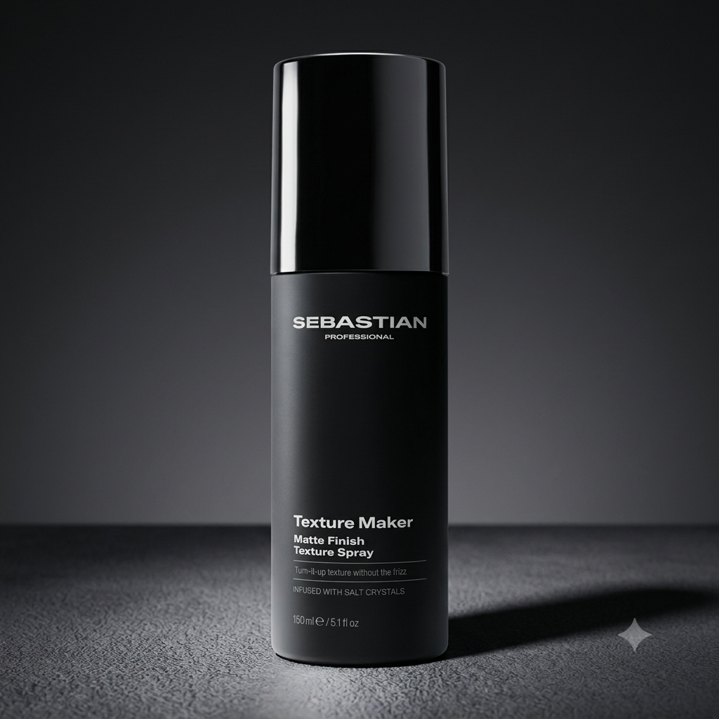 Sebastian Professional Texture Maker Matte Finish Texture Spray in a sleek black cylindrical bottle, set against a dark gray studio background.