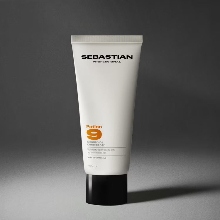 Sebastian Professional Potion 9 Nourishing Conditioner in a white squeeze tube with a black cap, set against a dark gray background.