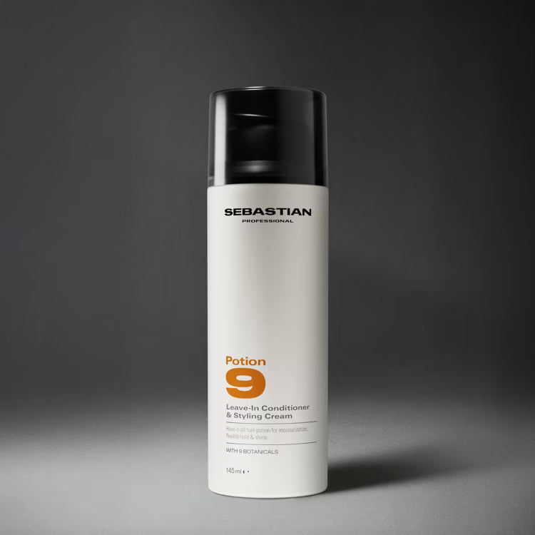 Sebastian Potion 9 leave-in conditioner and styling cream bottle on a gray background