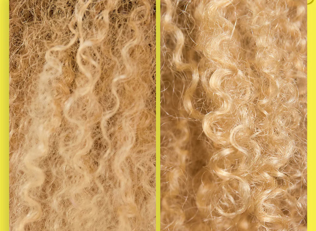A split-screen image displaying hair before and after using the K18 Shield + Smooth Routine Set. The "before" section shows frizzy, damaged hair, while the "after" section highlights frizz control with smooth, defined curls. Text emphasizes the benefits of this damage shield by K18 Hair Repair.