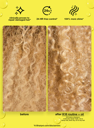 Side-by-side close-up of blonde curly hair showing frizz and dryness before use, and defined, smooth curls after using the K18 Shield + Smooth Routine Set by K18 Hair Repair for ultimate frizz control.