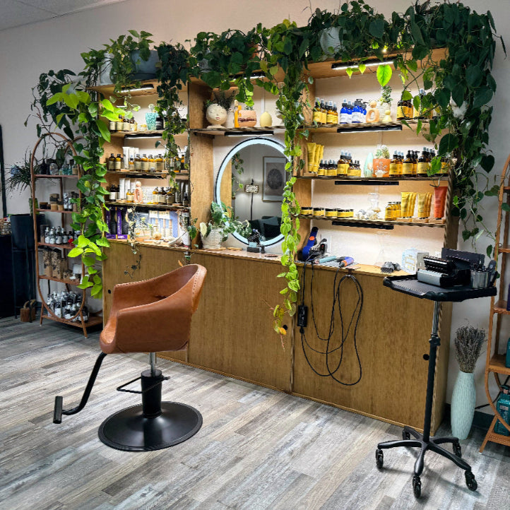 Salon interior with styling chairs, shelves, and decorative plants.