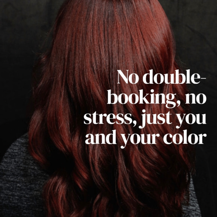 a woman with red hair and curls with the words "no double booking, no stress, just you and your color"