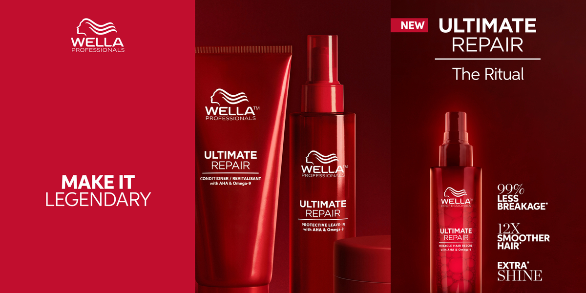 Wella Ultimate Repair hair care products on a red background with Wella logo.