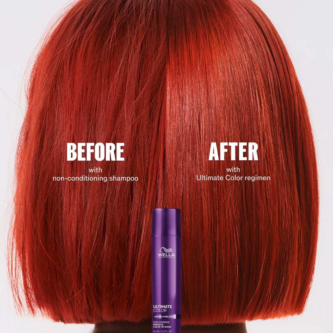 Comparison of red hair with and without Wella Ultimate Color shampoo and treatment.
