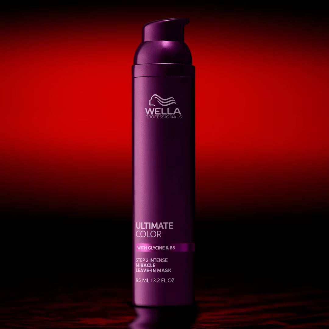 Purple Wella hair mask bottle on a red background