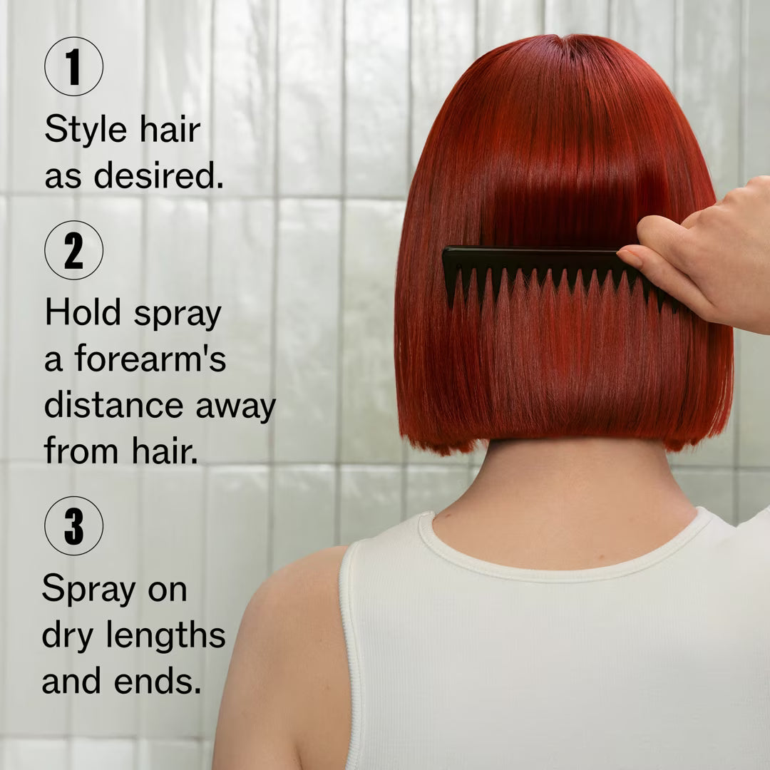 Person with red hair getting styled, with text instructions on hair care.