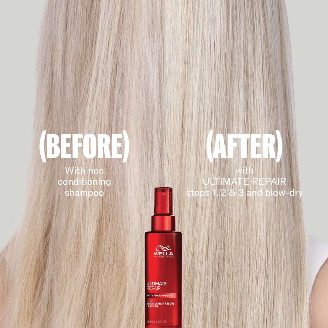 Before and after comparison of hair with Wella Ultimate Repair shampoo bottle.