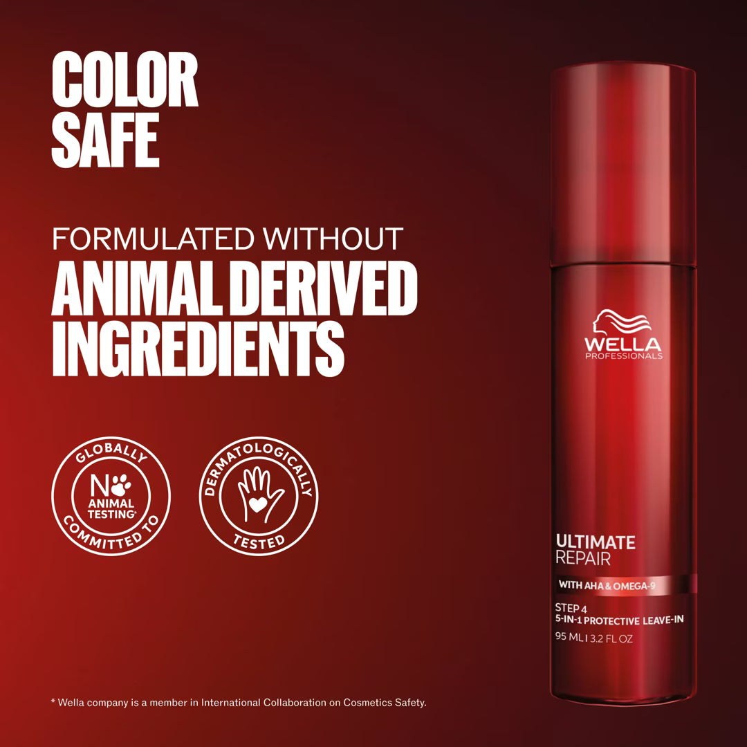 Wella hair care product with 'Color Safe' and 'Animal Derived Ingredients' information on a red background