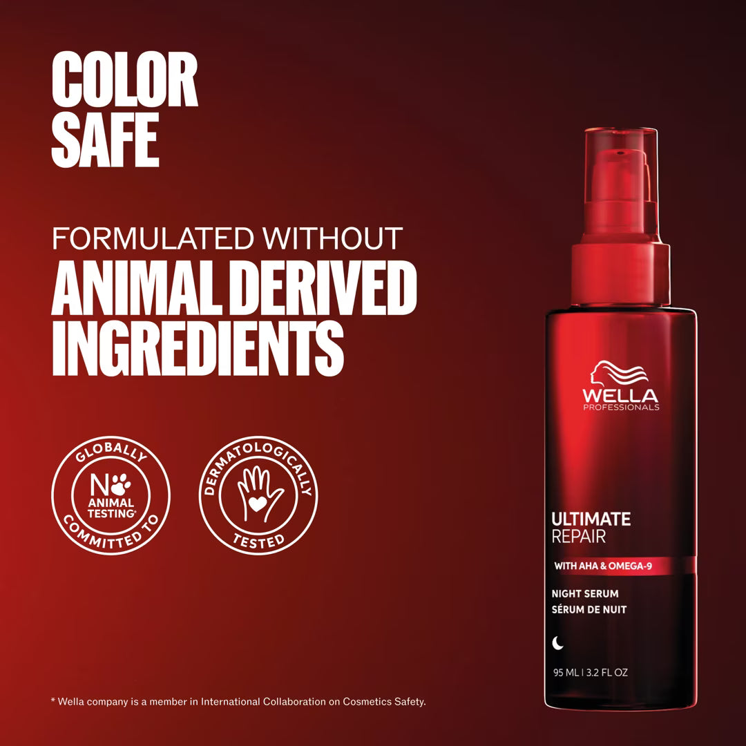 Wella Ultimate Repair night serum bottle on a red background with text about color safety and animal-derived ingredients.