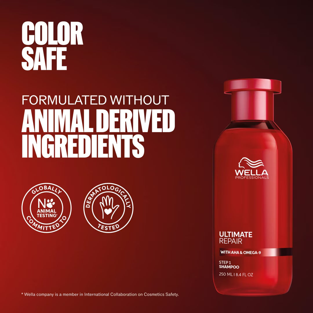 Red Wella shampoo bottle on a red background with text about color safety and ingredient formulation.