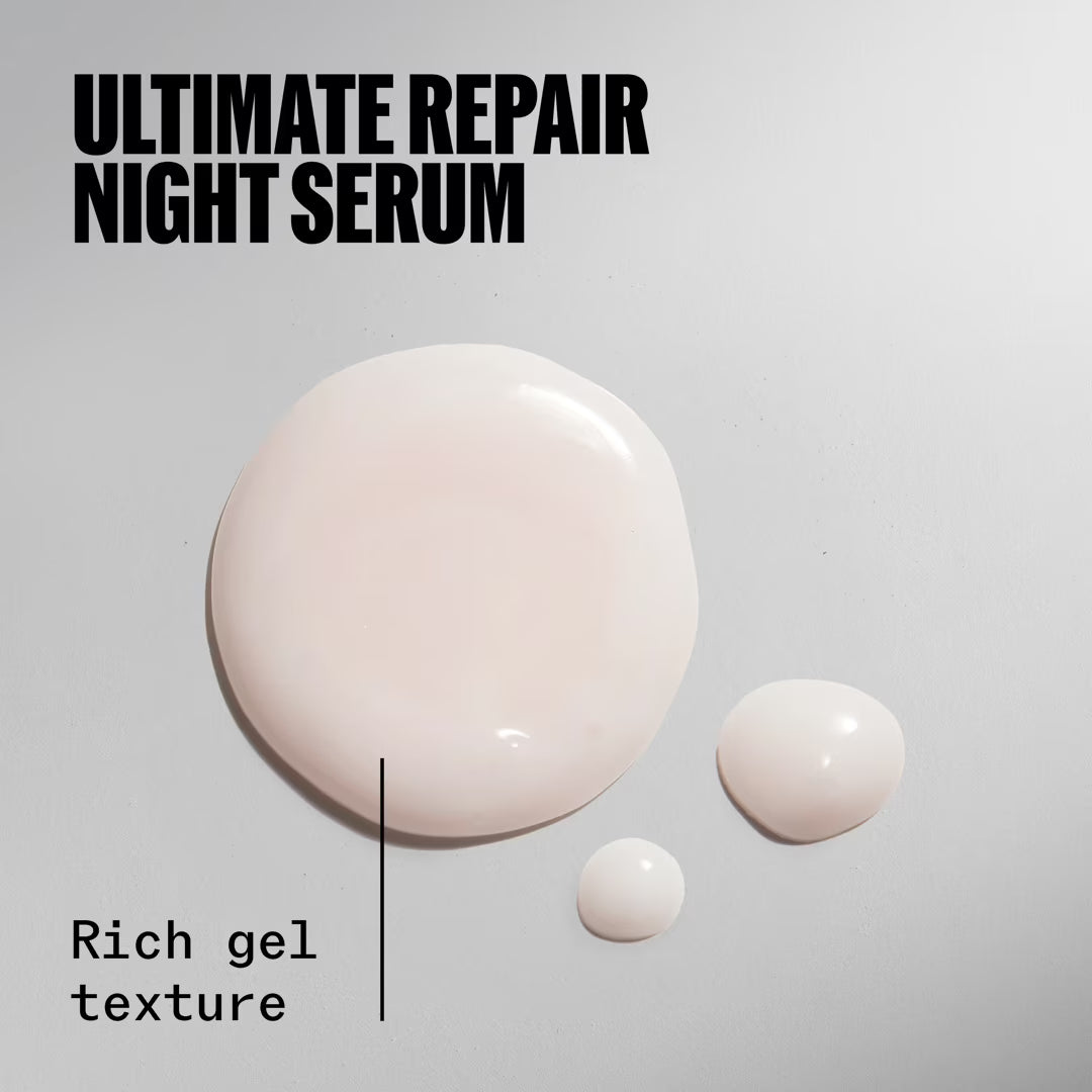 Three droplets of a night serum with 'Ultimate Repair Night Serum' text on a gray background.