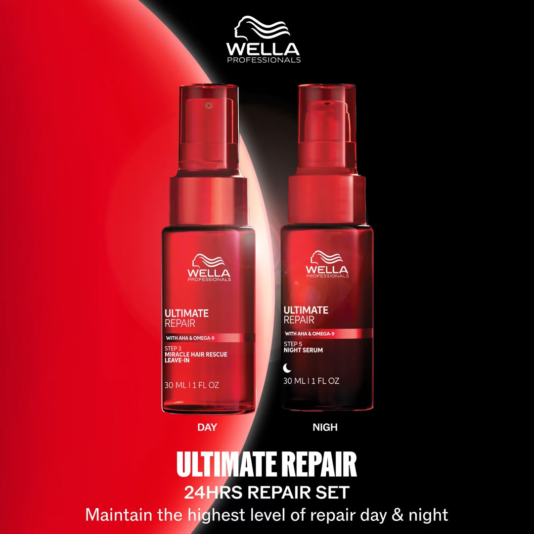 Wella Ultimate Repair hair care set with two red bottles on a red and black background.
