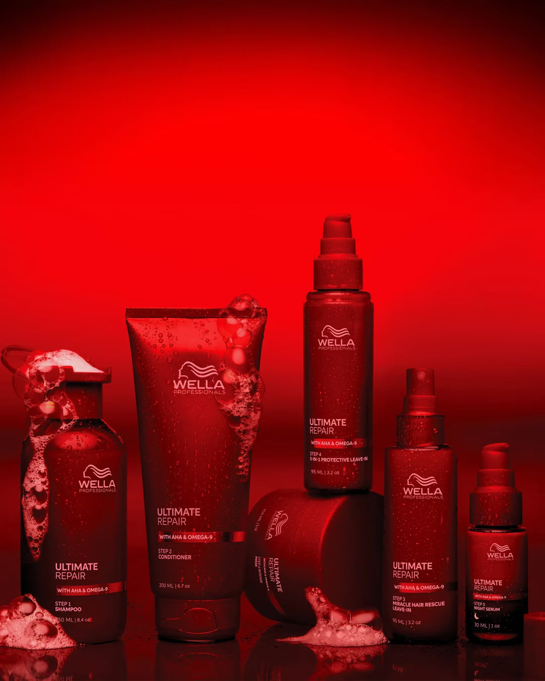 Wella hair care products on a red background
