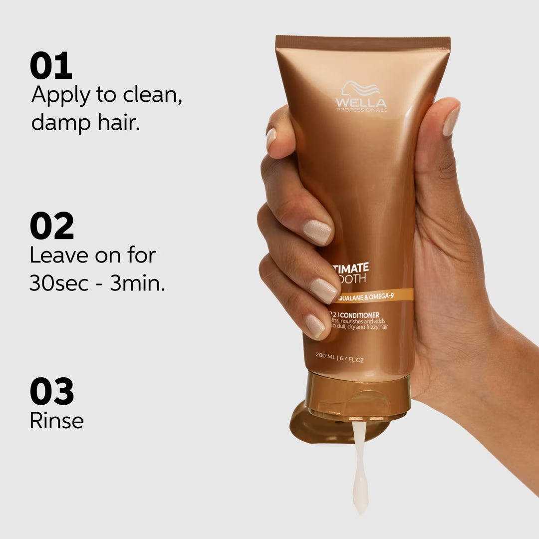 Hand holding a Wella conditioner bottle with usage instructions on a light gray background