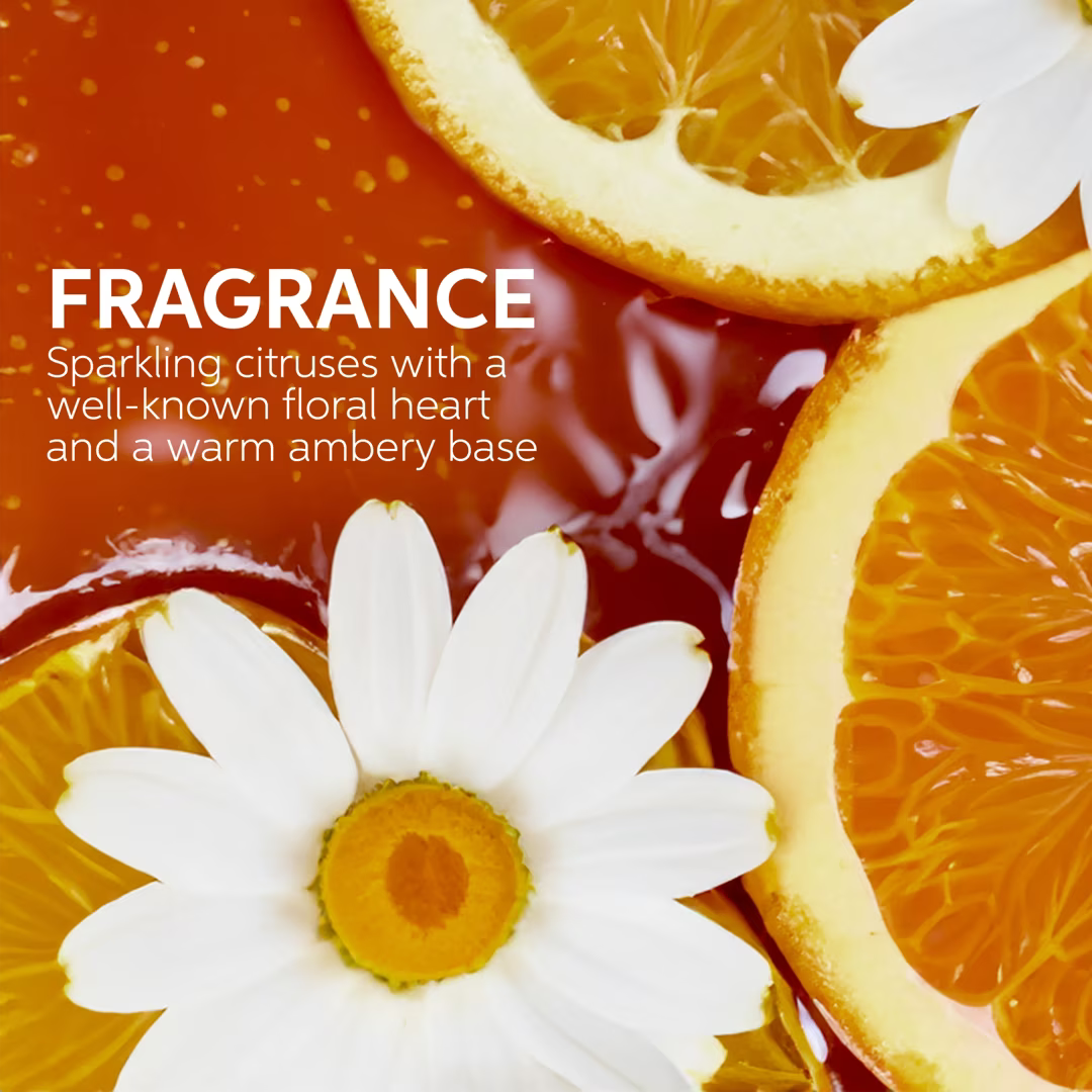 Sliced oranges and a white flower with text about a fragrant aroma.
