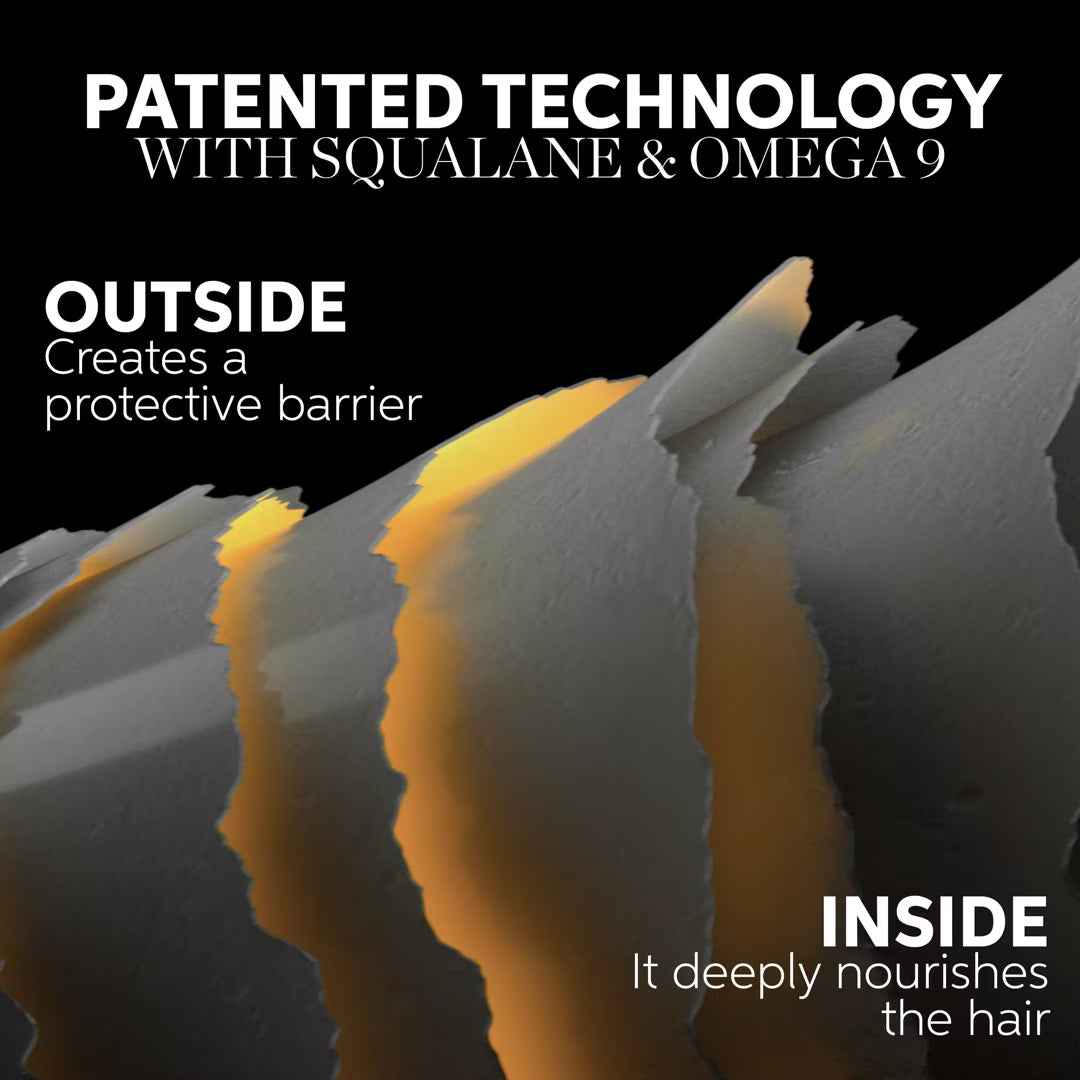 Close-up of hair shaft with text about patented technology, squalane, omega 9, and protective barrier.