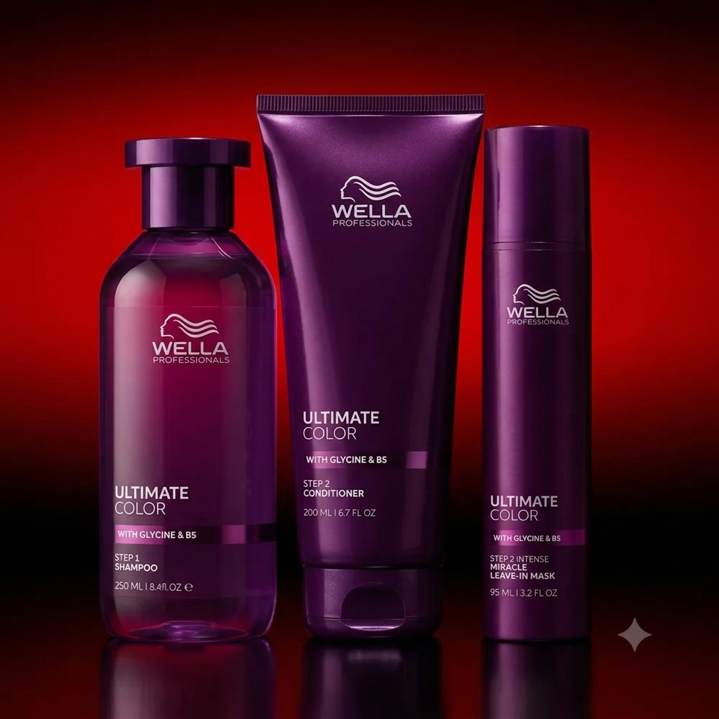 Wella Professionals Ultimate Color hair care set with three purple bottles and tubes: Step 1 Shampoo, Step 2 Conditioner, and Step 3 Leave-in Mask, arranged on a dark red gradient background.