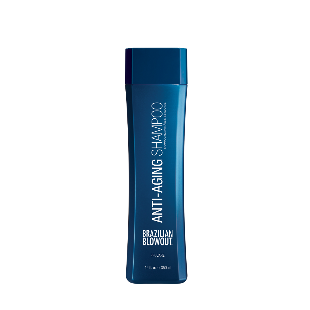 A bottle of blue Brazilian Blowout Anti Aging Shampoo by Simply Colour Hair Salon Studio & Online Store.