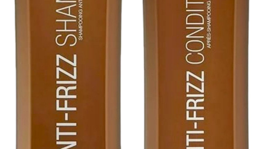 Two brown bottles labeled "Brazilian Blowout Anti-Frizz Shampoo" and "Brazilian Blowout Anti-Frizz Conditioner" from the Brazilian Blowout range, each containing 12 fl. oz. (350 ml), promise a sleek, smooth finish with their nourishing conditioner and effective shampoo formula.