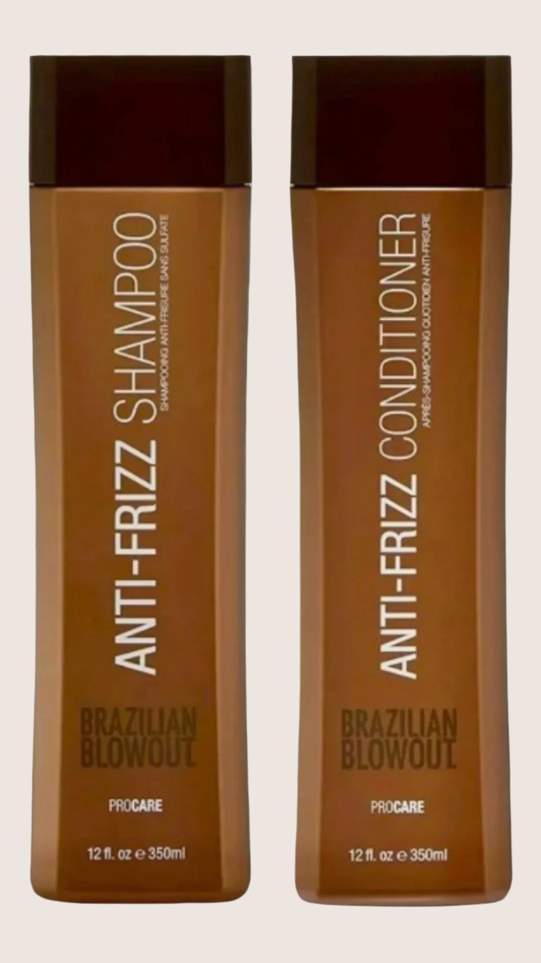 Two brown bottles labeled "Brazilian Blowout Anti-Frizz Shampoo" and "Brazilian Blowout Anti-Frizz Conditioner" from the Brazilian Blowout range, each containing 12 fl. oz. (350 ml), promise a sleek, smooth finish with their nourishing conditioner and effective shampoo formula.