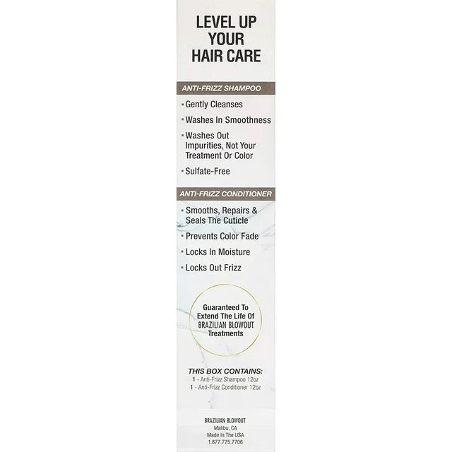 A white product label details the benefits of our Brazilian Blowout Anti-Frizz Shampoo and Conditioner Duo, highlighting cleansing, smoothing, color fading prevention, and frizz control. The sulfate-free box contents include a 12oz shampoo and conditioner.