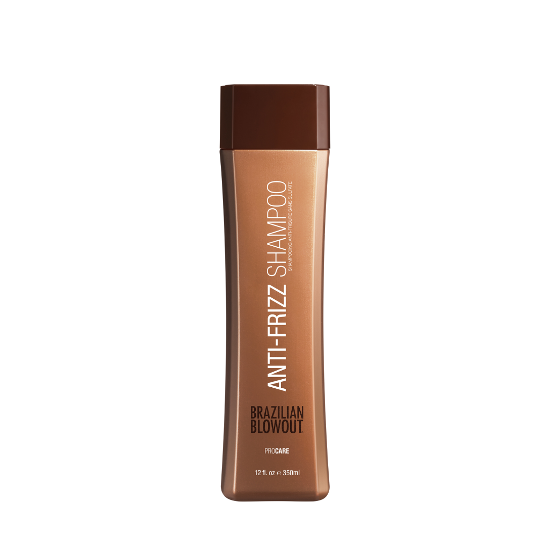 A bottle of Brazilian Blowout Anti Frizz Shampoo on a black Simply Colour Hair Salon Studio & Online Store Brazilian Blowout.