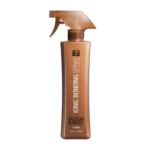 The Brazilian Blowout Ionic Bonding Spray features a brown 12 oz bottle with a tan spray nozzle—perfect for achieving salon-quality hair at home.