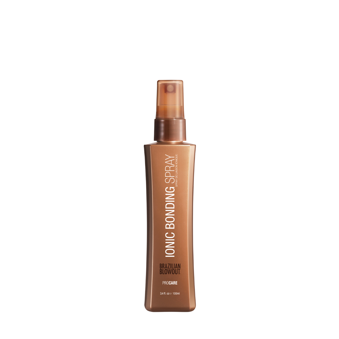 A long-lasting Brazilian Blowout Ionic Bonding Spray on a black background.