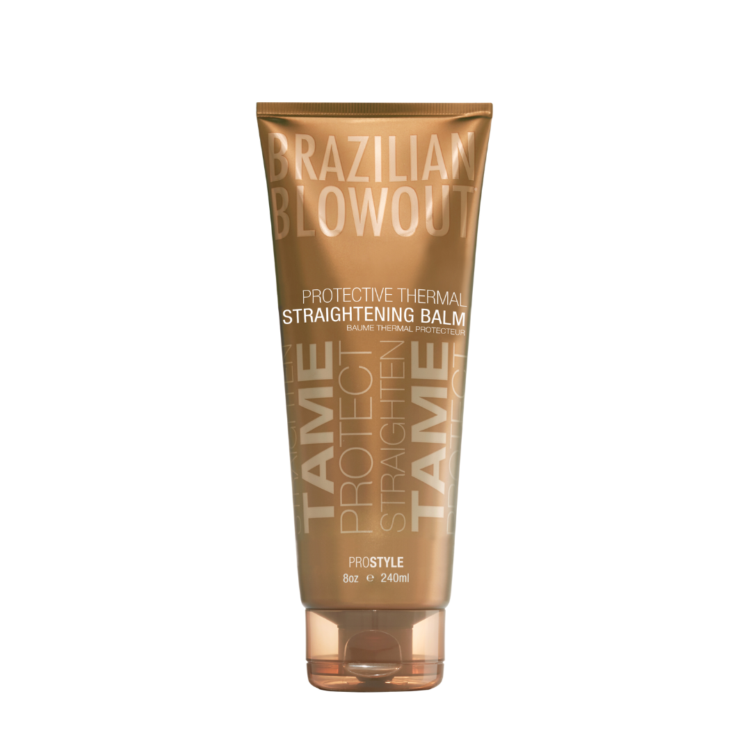 A tube of frizz-free Brazilian Blowout Protective Thermal Straightening Balm tan.