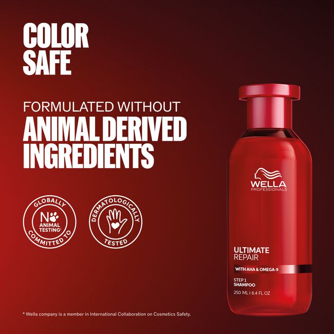 Wella Ultimate Repair Shampoo 8.4 fl oz bottle - color safe, formulated without animal-derived ingredients, dermatologically tested
