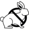 Black outline of a rabbit with a diagonal line crossing over it, indicating "no rabbits" or "no animals" allowed. The design is simple and minimalistic.