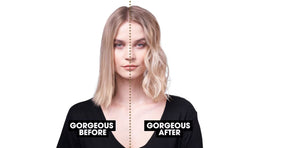 A woman faces the camera with center-parted hair: the left side is straight and labeled "Gorgeous Before," while the right side features beachy waves created using the GHD CREATIVE CURL - TAPERED CURLING WAND IN BLACK by GHD, labeled "Gorgeous After.