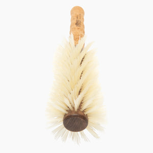 Dish brush with natural bristles and cork handle on a white background