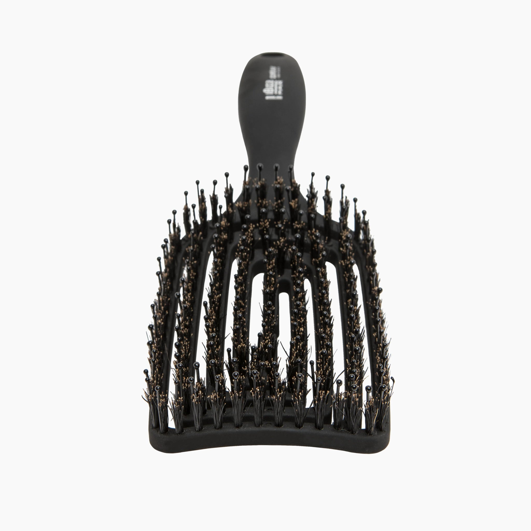 Black hairbrush with bristle head on a white background