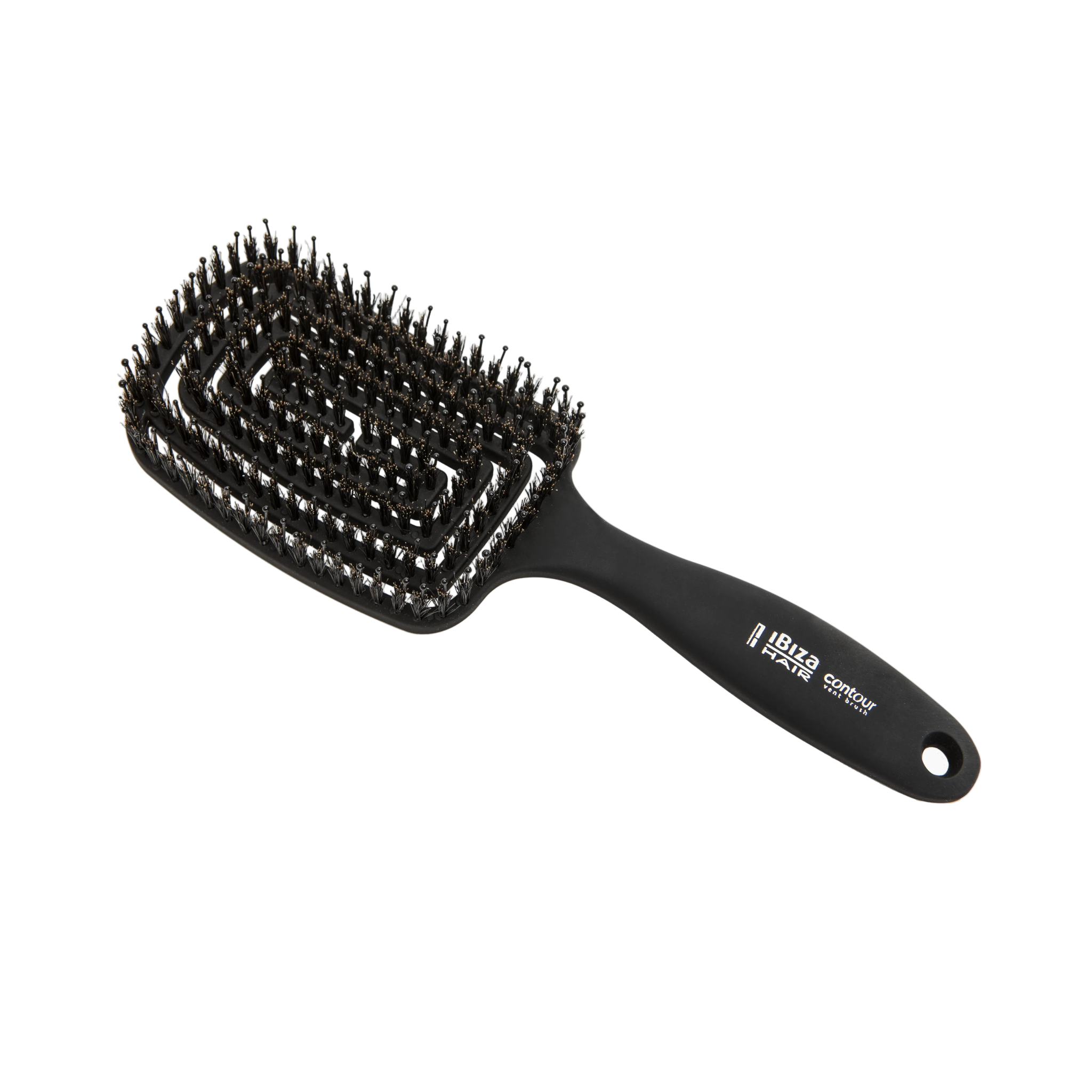 Black hairbrush with bristle head on a white background
