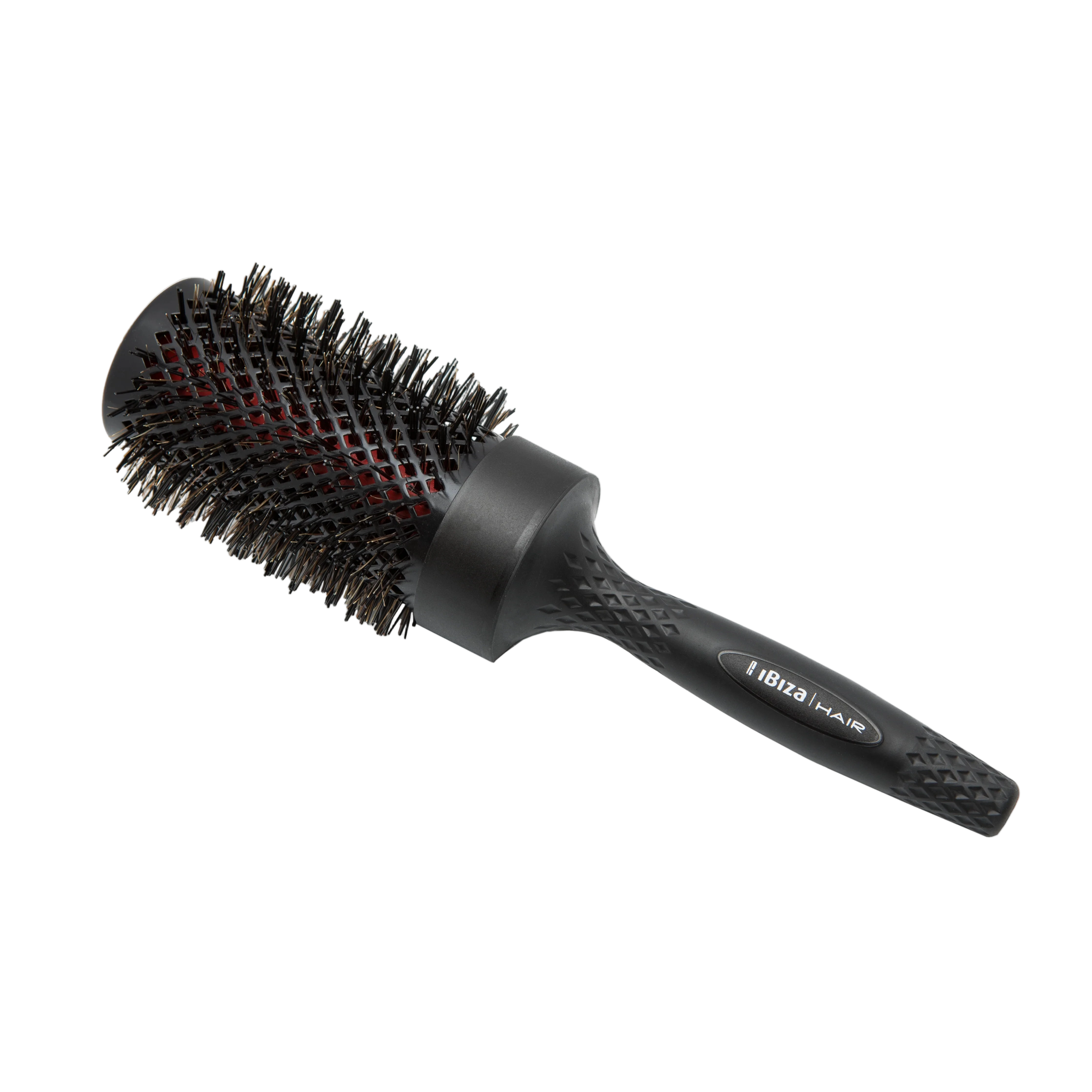 Black round hairbrush with bristle head on a white background