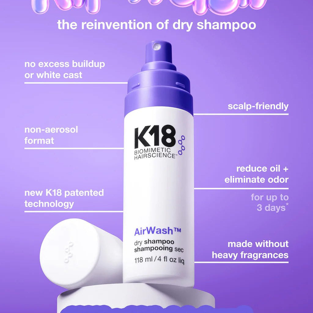 An image of the K18 AirWash Dry Shampoo bottle from K18 Hair Repair, set against a purple background, highlights its notable benefits: no residue, scalp-friendly, non-aerosol formula that keeps hair clean for up to three days. Infused with odorBIND™ biotechnology to promote optimal scalp health. "100% said hair and scalp looks + feels healthy.