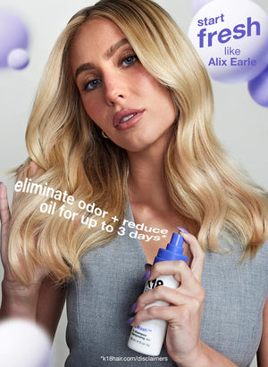 A woman with long blonde hair holds a K18 AirWash Dry Shampoo bottle by K18 Hair Repair. Text highlights up to 3 days of odor elimination and oil reduction. "Start fresh like Alix Earle" features at the top.